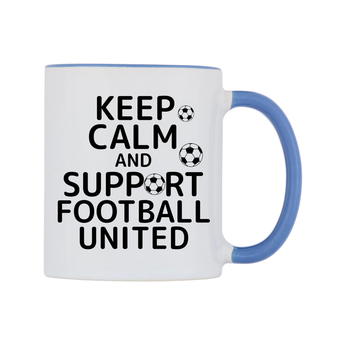 Keep Calm And Support Personalised Team Mug — white 11oz gloss mug with a cambridge blue inside and handle, left side, on a white background
