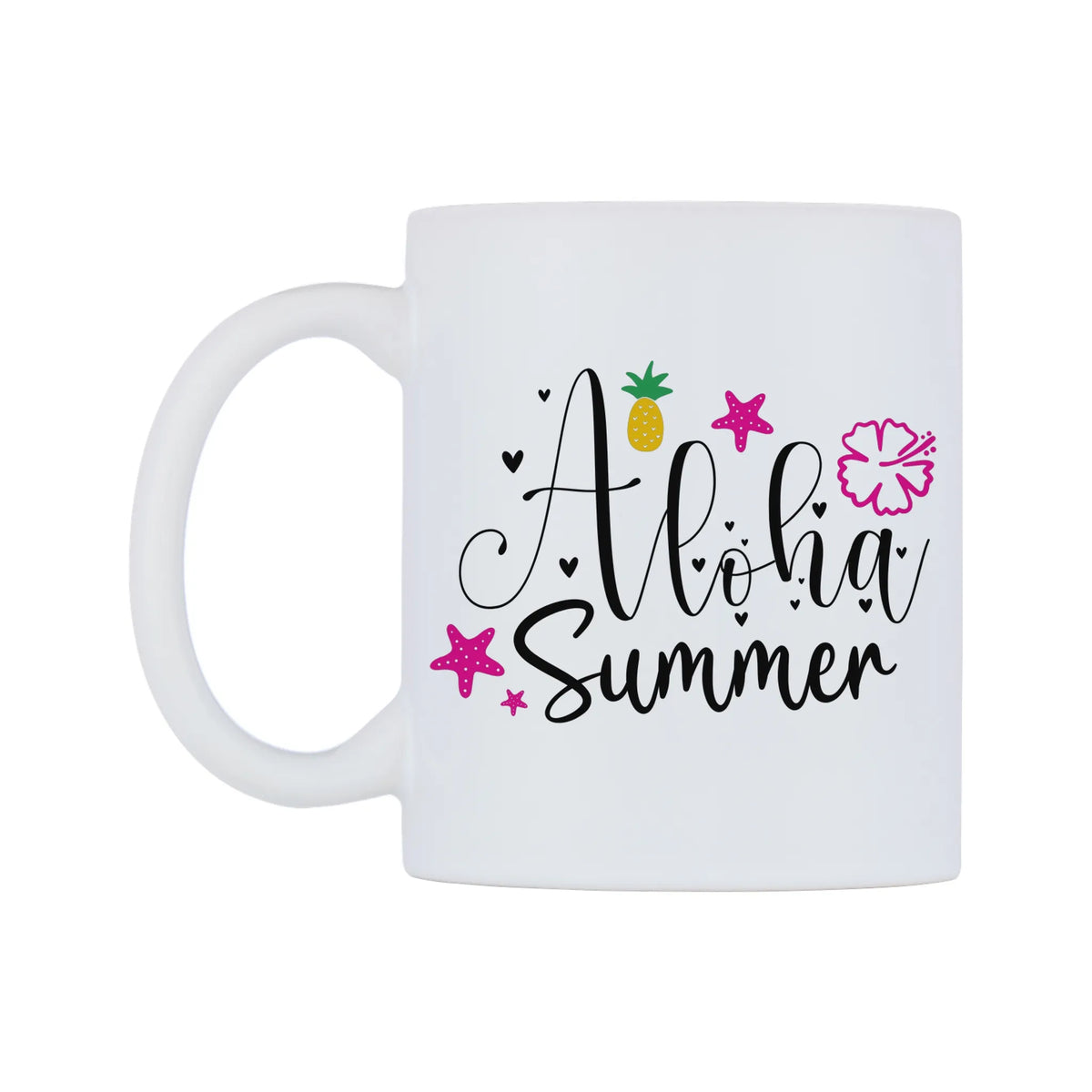 Aloha Summer Mug — white 11oz gloss mug, right side, on a white background