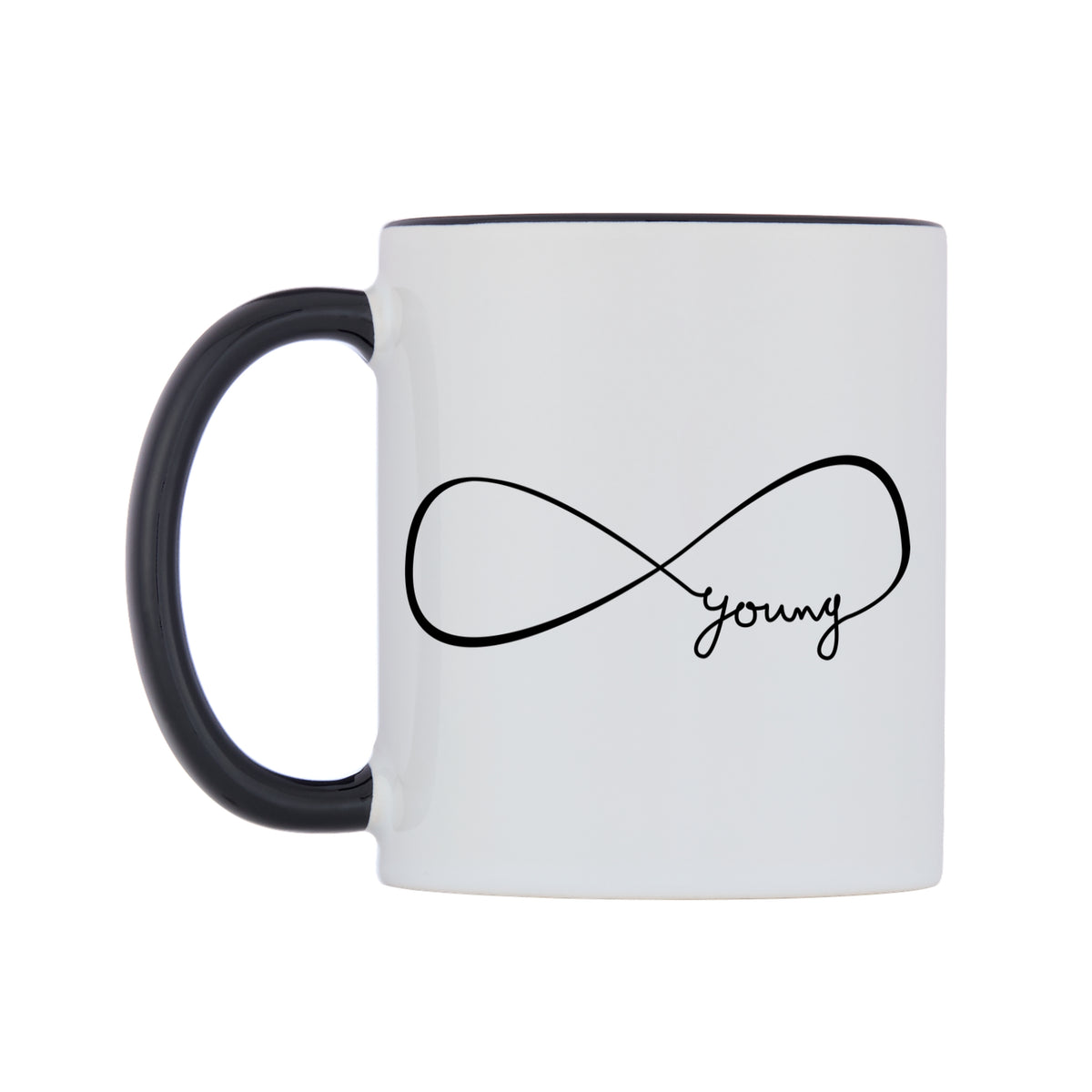 Young Forever Mug — white 11oz gloss mug with a black inside and handle, right side, on a white background