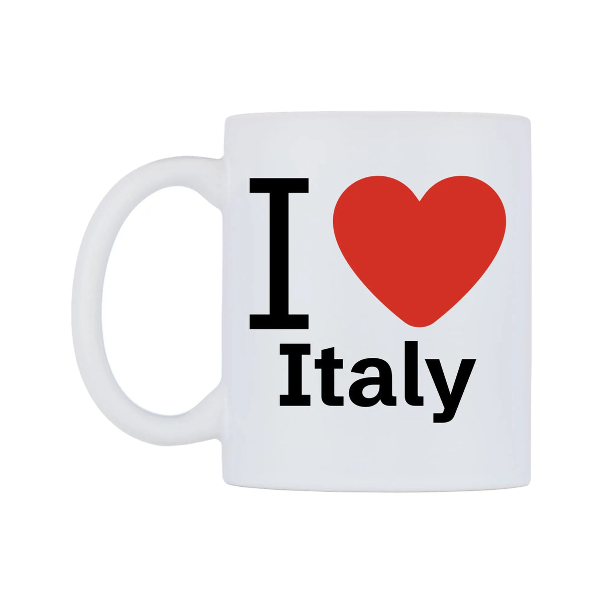I Love Italy Mug — white 11oz gloss mug, right side, on a white background