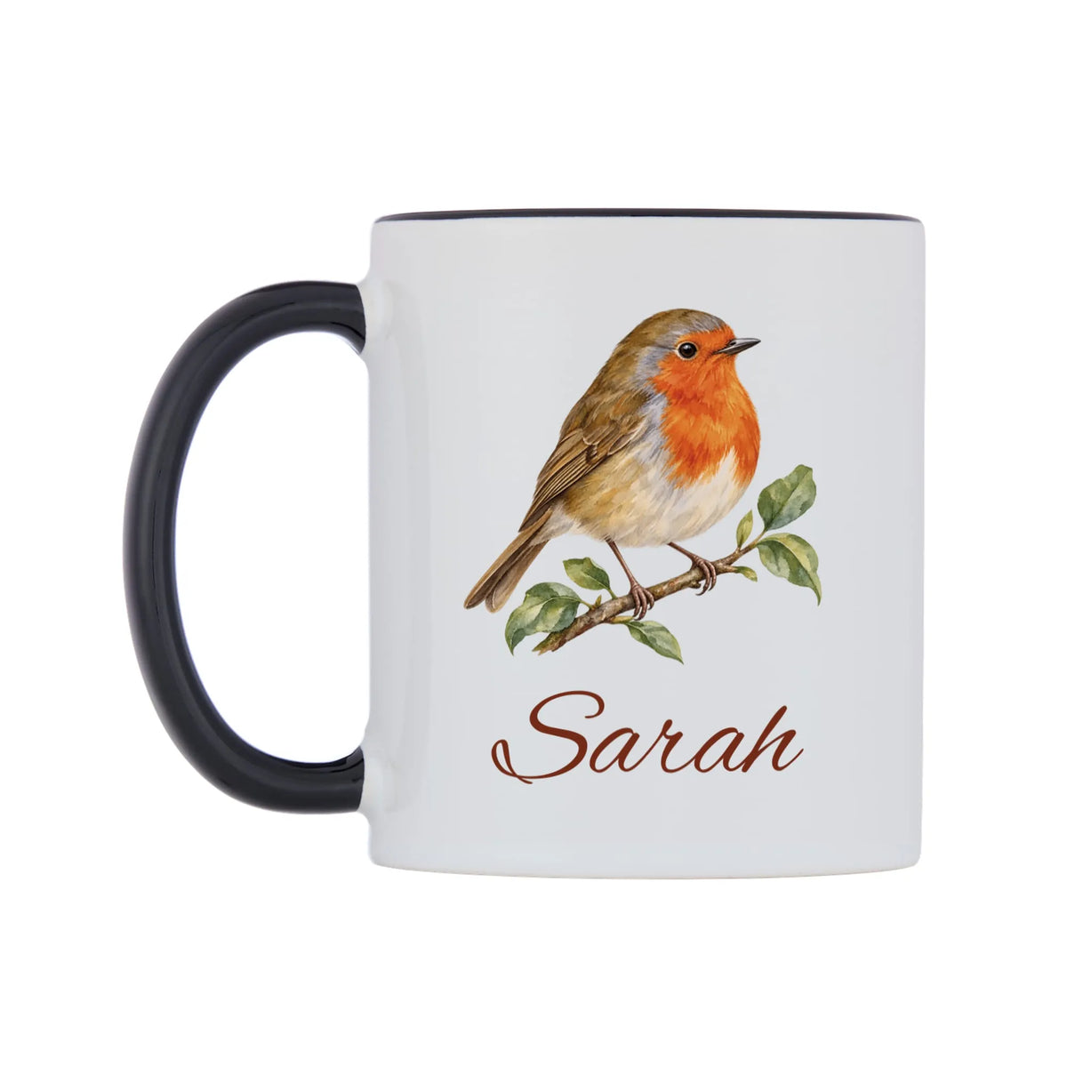 Personalised Watercolour Robin Bird Mug — white 11oz gloss mug with a black inside and handle, right side, on a white background