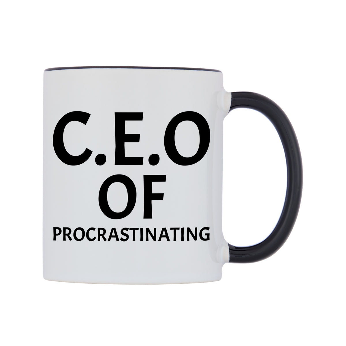 C.E.O of Procrastinating Mug — white 11oz gloss mug with a black inside and handle, left side, on a white background