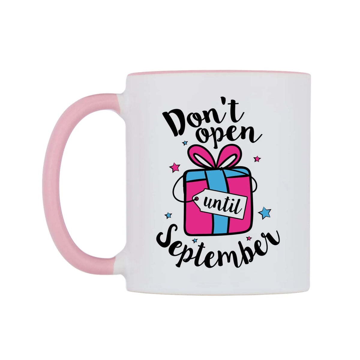 Don't open until September Mug — white 11oz gloss mug with a pink inside and handle, right side, on a white background