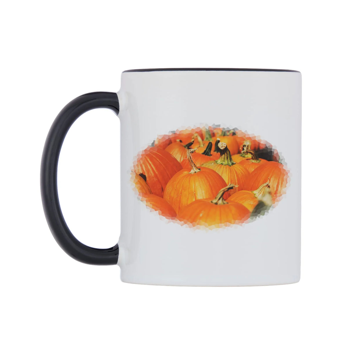 Pumpkins Field Mug — white 11oz gloss mug with a black inside and handle, right side, on a white background