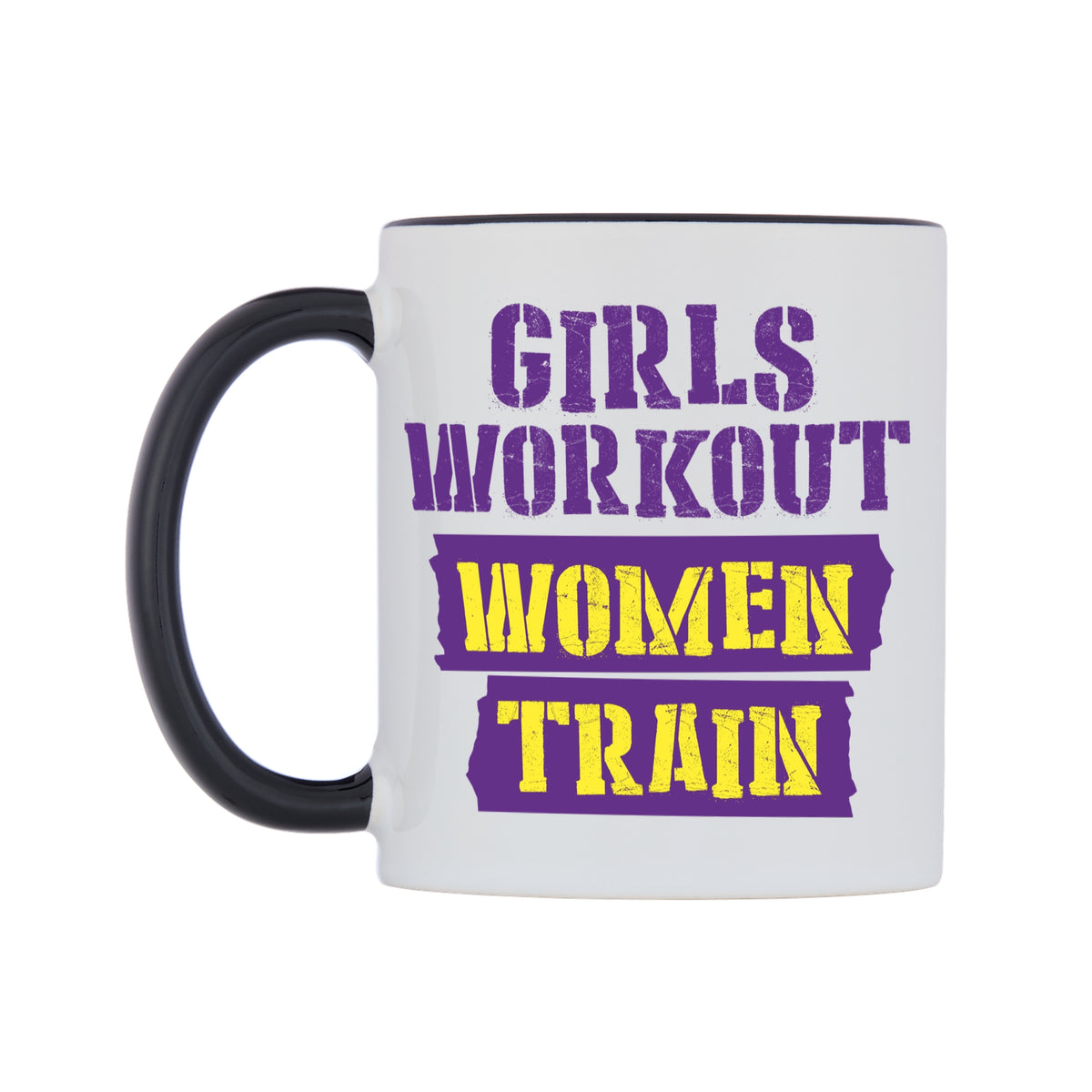 Girls Workout Women Train Mug — white 11oz gloss mug with a black inside and handle, right side, on a white background