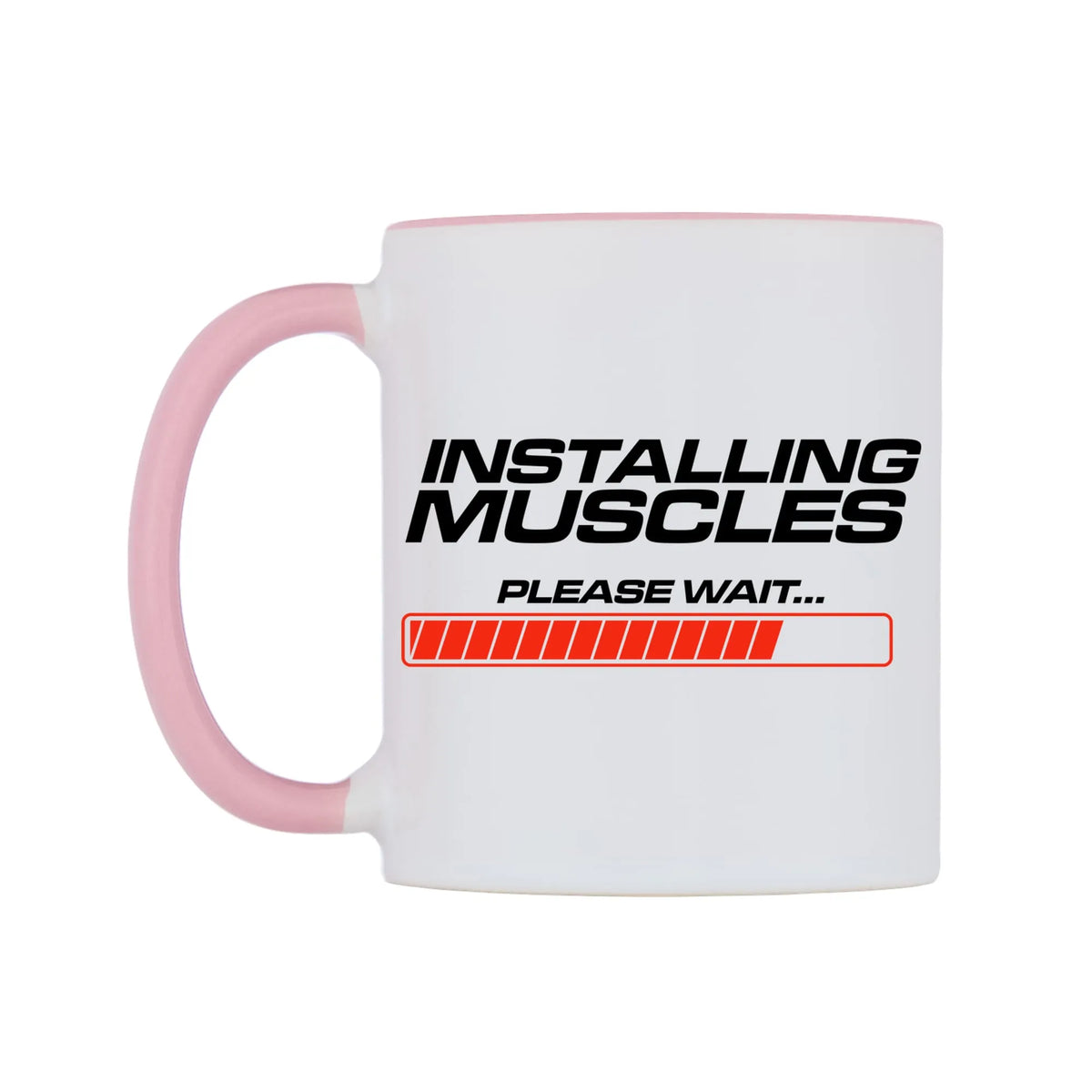 Installing Muscles Please Wait... Mug — white 11oz gloss mug with a pink inside and handle, right side, on a white background