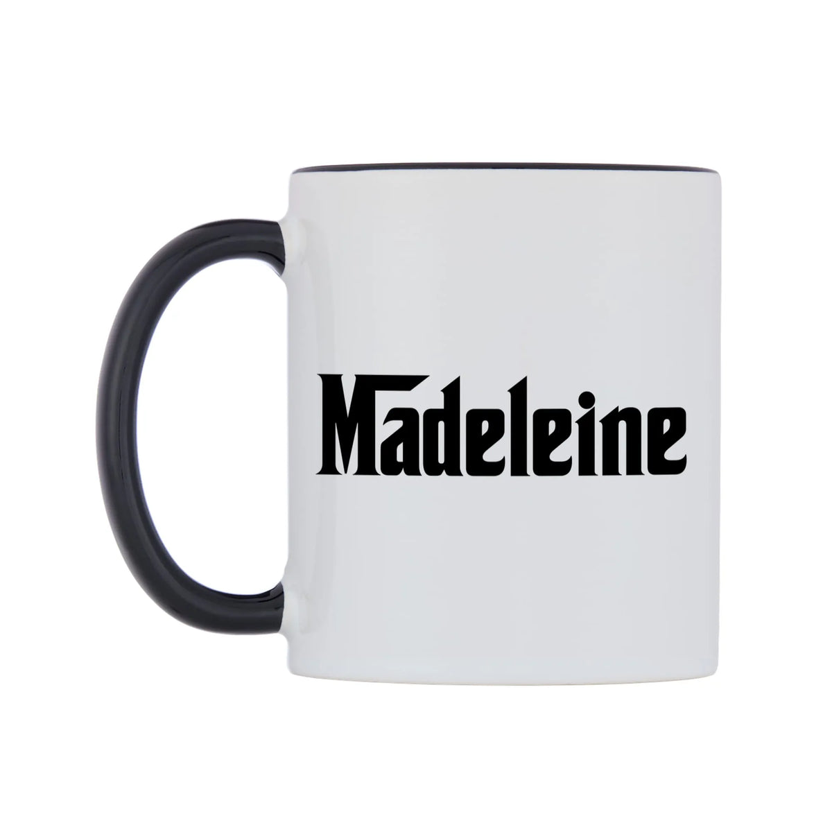 Madeleine - Godfather Themed Mug — white 11oz gloss mug with a black inside and handle, right side, on a white background