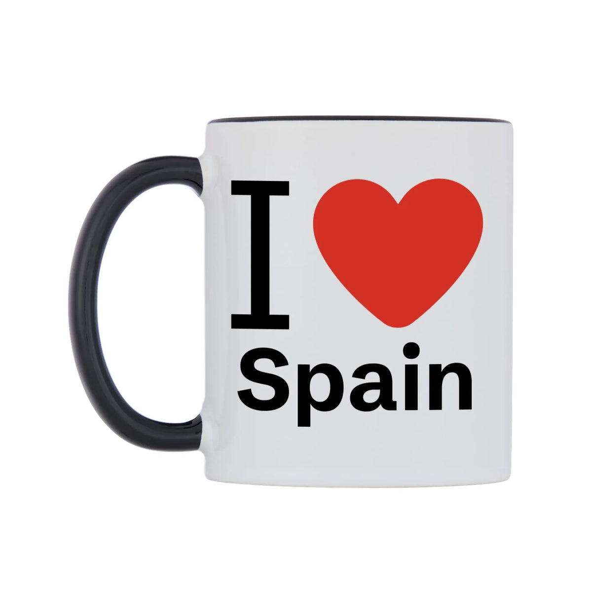 I Love Spain Mug — white 11oz gloss mug with a black inside and handle, right side, on a white background