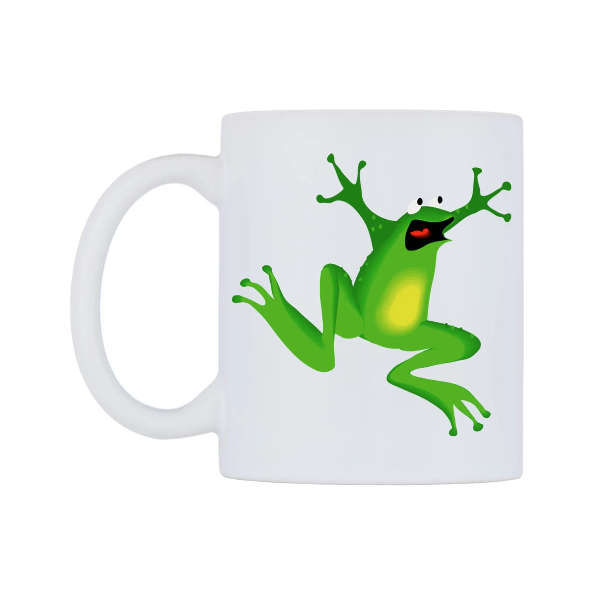 Dancing Frog Mug — white 11oz gloss mug, right side, on a white background