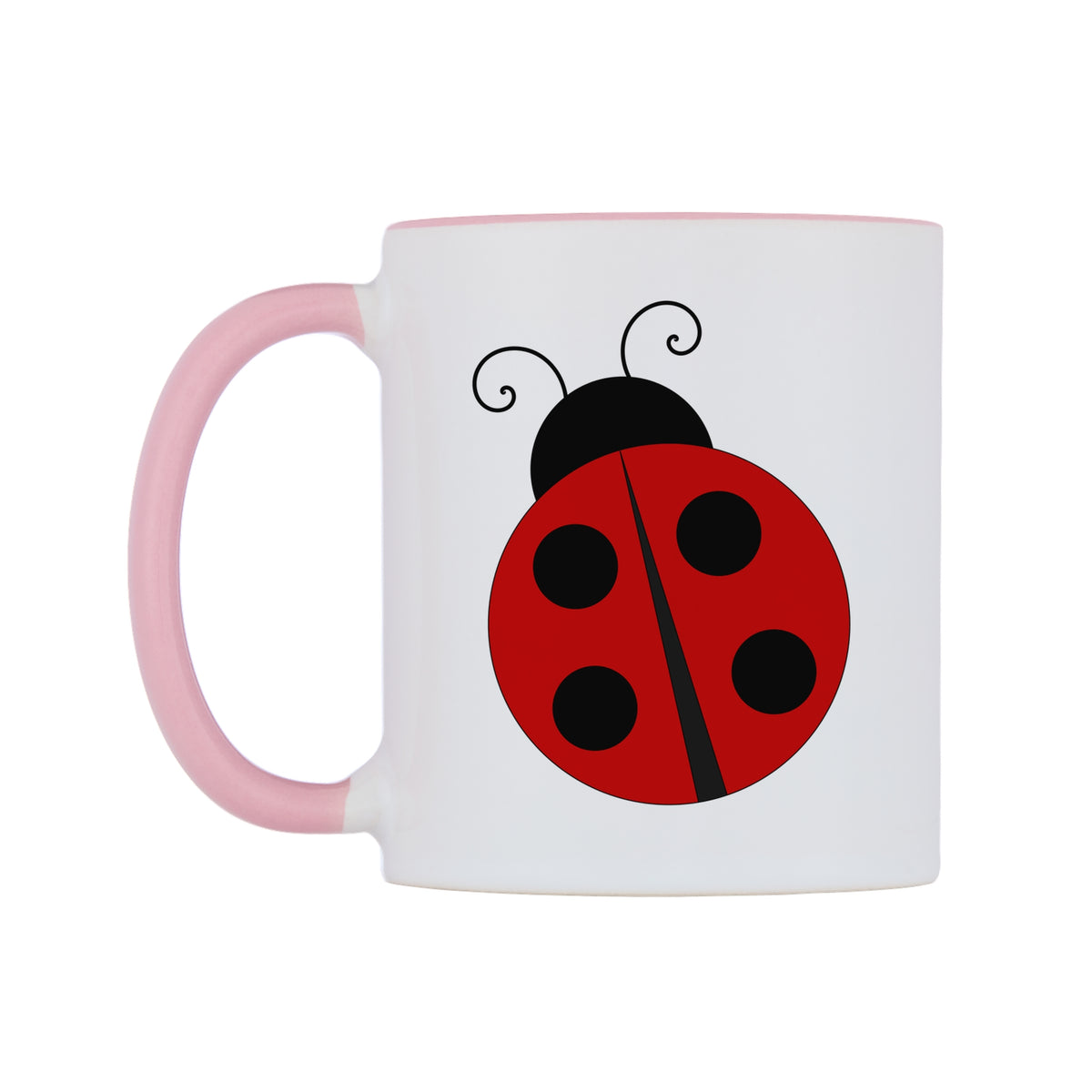 Ladybug Mug — white 11oz gloss mug with a pink inside and handle, right side, on a white background