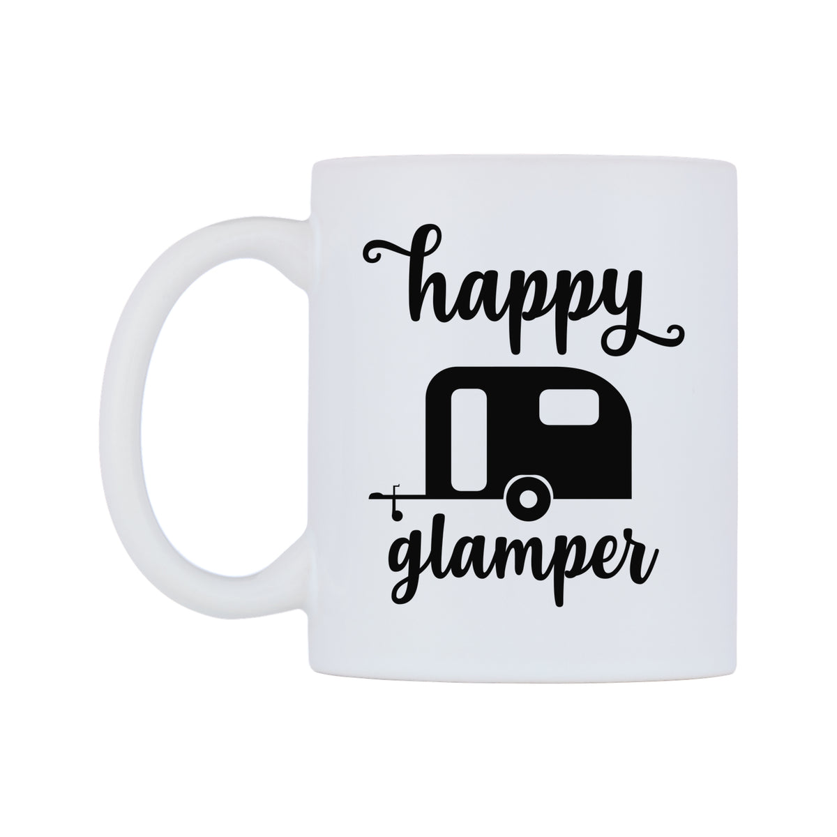 Happy Glamper Mug — white 11oz gloss mug, right side, on a white background