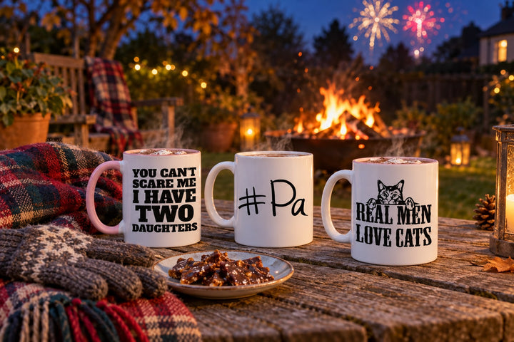 Two steaming mugs on a wooden garden table beside a tartan blanket, woolly gloves and bonfire toffee, with a glowing bonfire and fireworks in the night sky behind.
