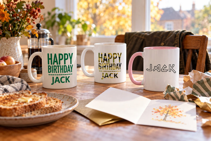 Mugs on a kitchen table in warm autumn light, next to an open birthday card, torn wrapping paper and a plate of toast, with autumn leaves outside the window.