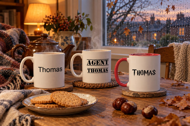 White mugs printed with the name Thomas on a wooden kitchen table beside a rainy window at dusk, with a brown teapot, a plate of biscuits and a few conkers in warm lamplight.
