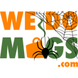 Text "WE DO MUGS.com" with Halloween-themed designs: webs, spider, mug, and steam.