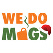 Text "WE DO MUGS" with a mug icon replacing the "U" and a Santa hat on the "S".