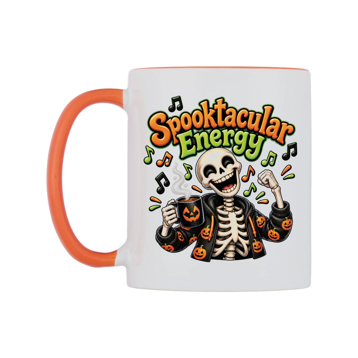Spooktacular Energy Mug — white 11oz gloss mug with a orange inside and handle, right side, on a white background