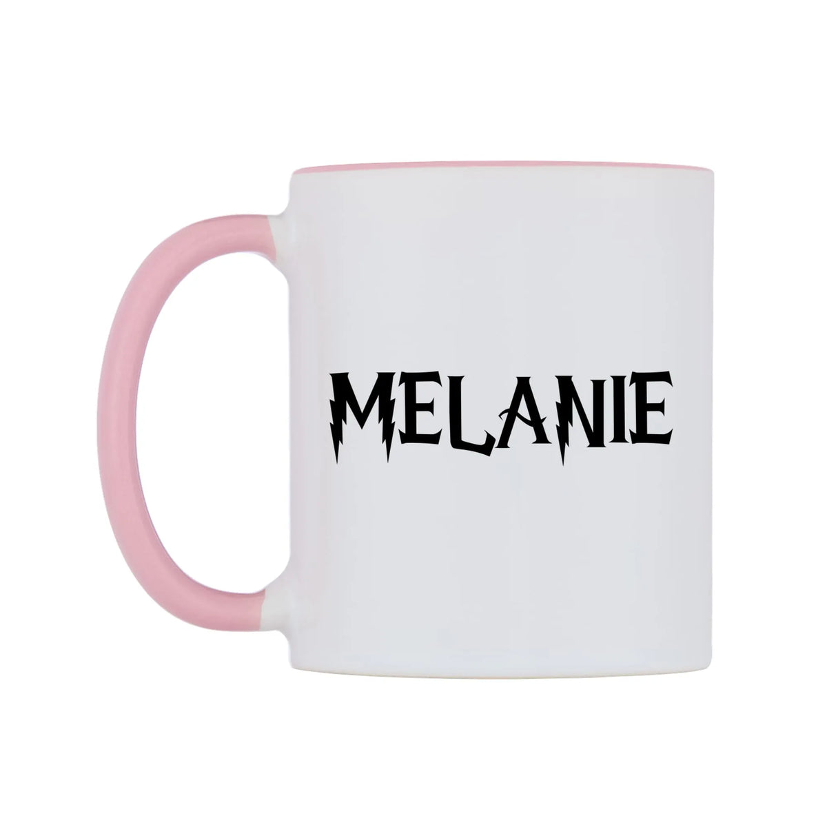 Melanie - Wizard Themed Mug — white 11oz gloss mug with a pink inside and handle, right side, on a white background