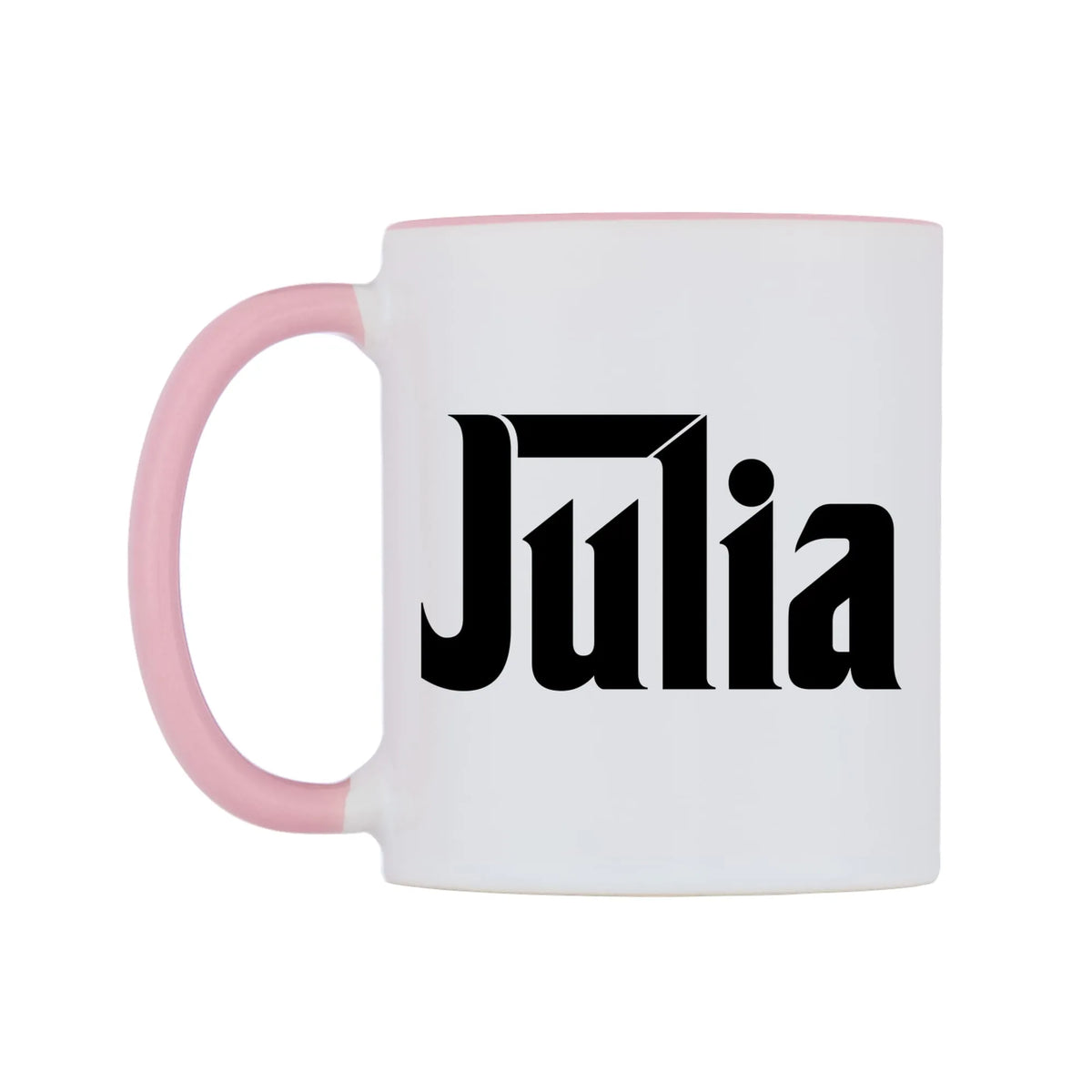 Julia - Godfather Themed Mug — white 11oz gloss mug with a pink inside and handle, right side, on a white background