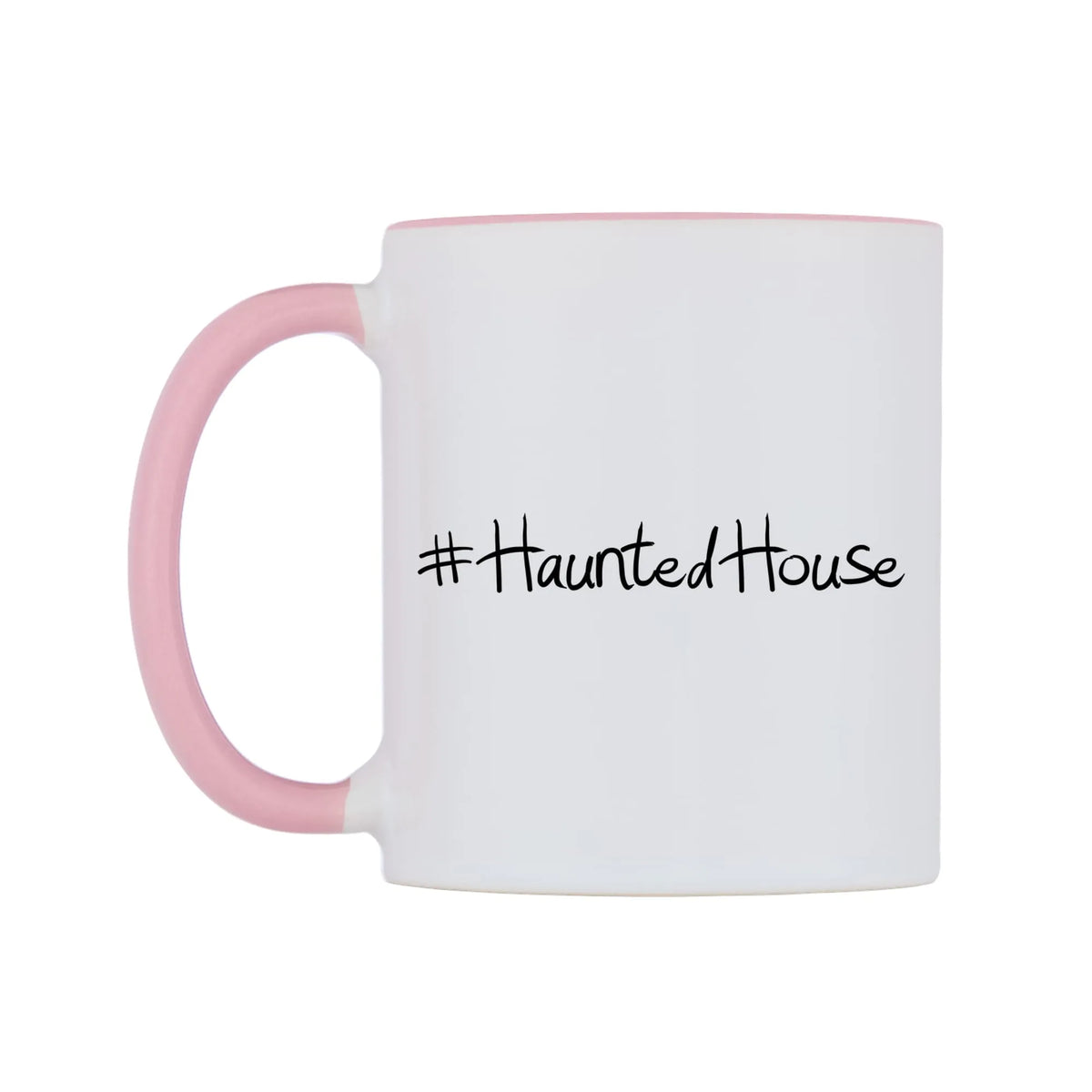 HauntedHouse Mug — white 11oz gloss mug with a pink inside and handle, right side, on a white background