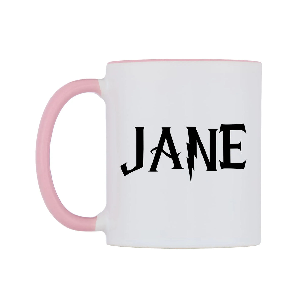 Jane - Wizard Themed Mug — white 11oz gloss mug with a pink inside and handle, right side, on a white background