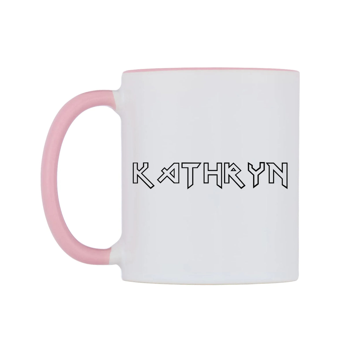 Kathryn - Iron Maiden Themed Mug — white 11oz gloss mug with a pink inside and handle, right side, on a white background