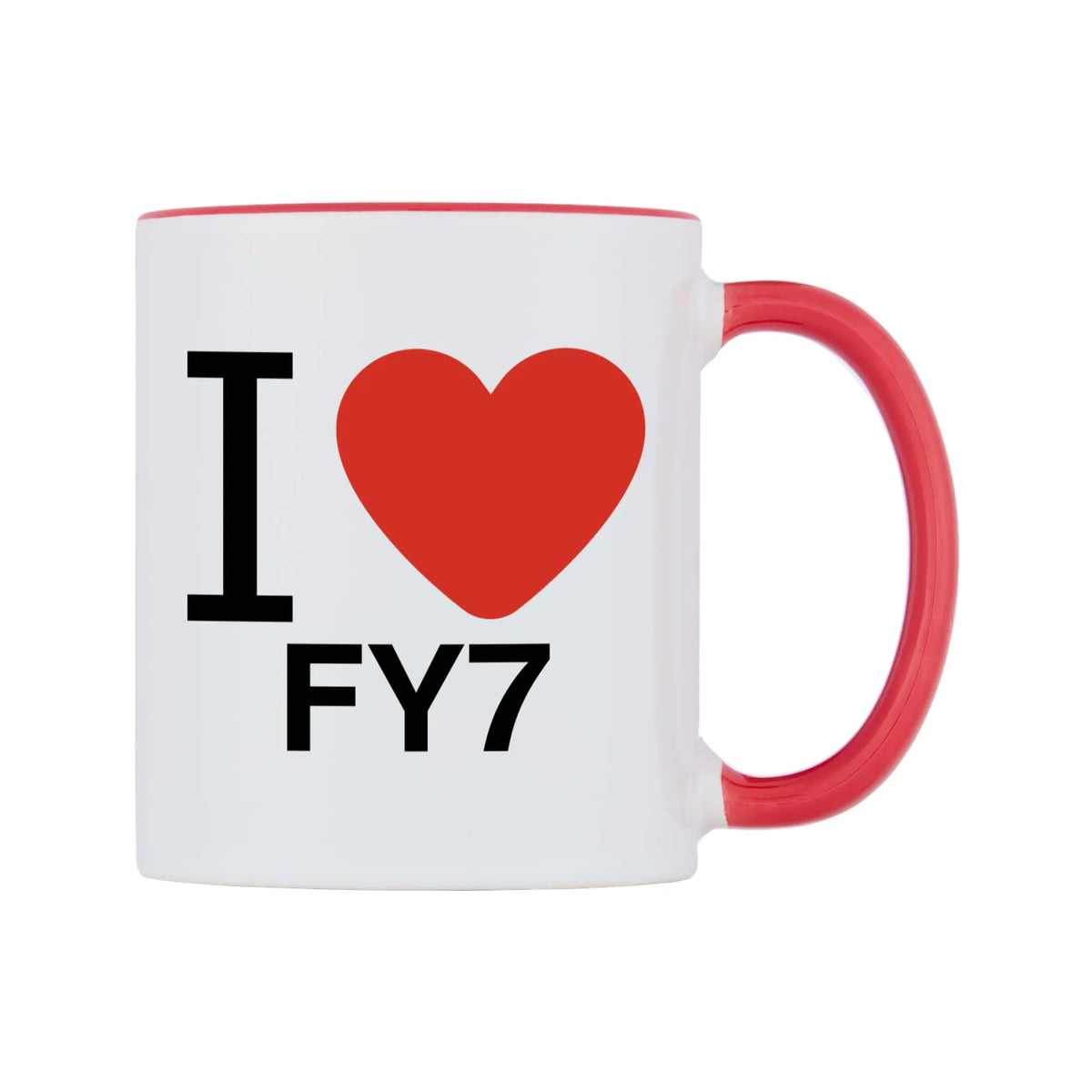 I Love FY7 Mug — white 11oz gloss mug with a red inside and handle, left side, on a white background