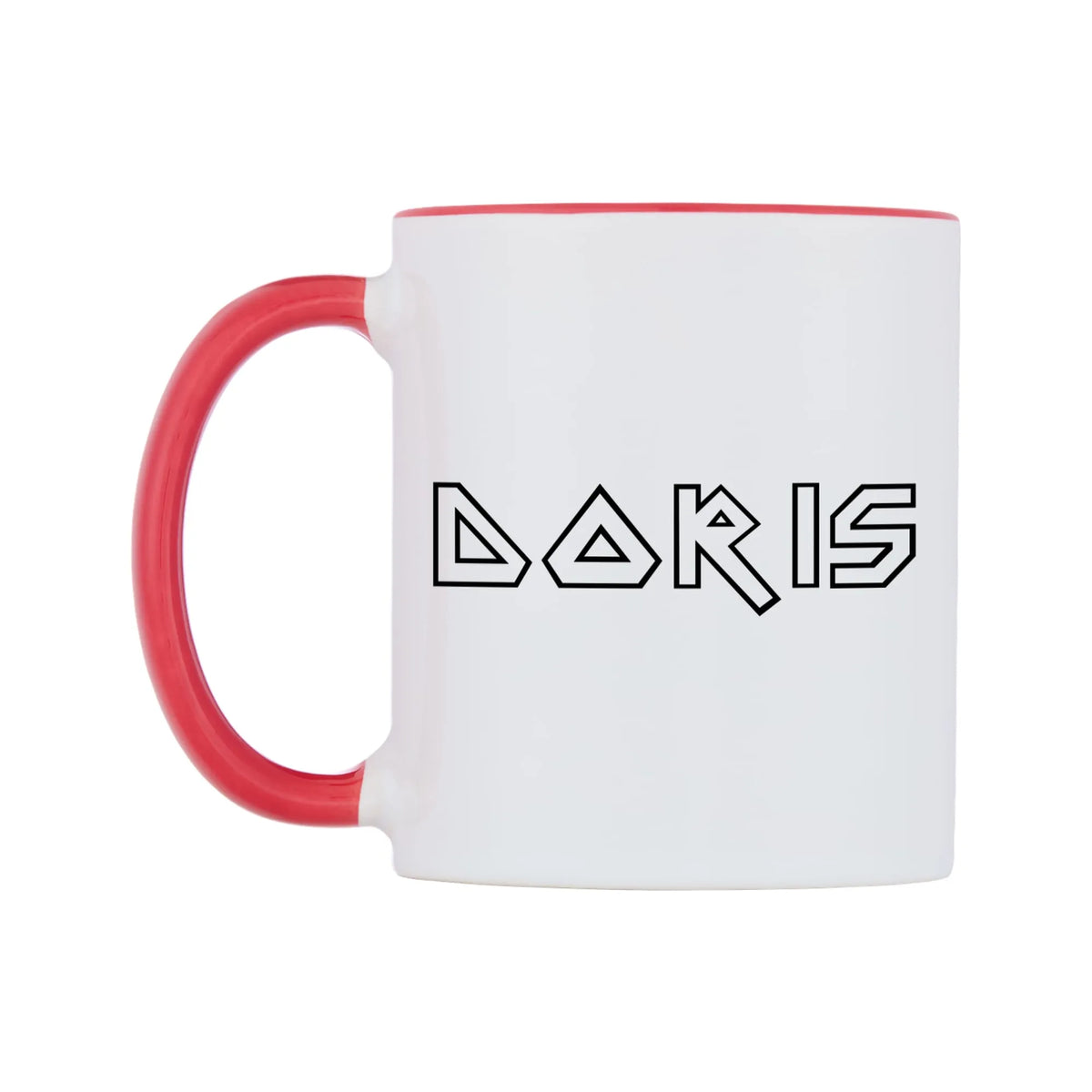 Doris - Iron Maiden Themed Mug — white 11oz gloss mug with a red inside and handle, right side, on a white background