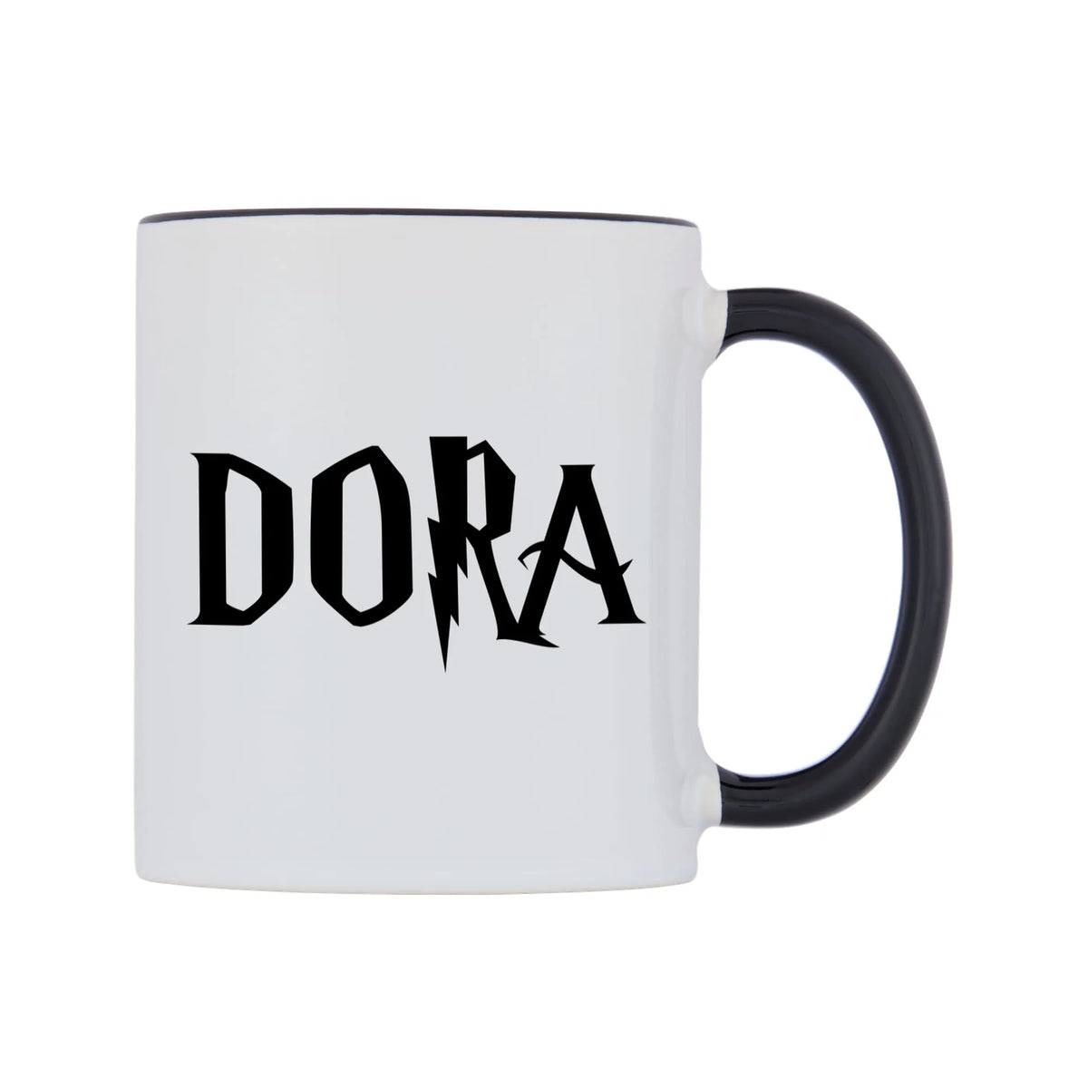 Dora - Wizard Themed Mug — white 11oz gloss mug with a black inside and handle, left side, on a white background