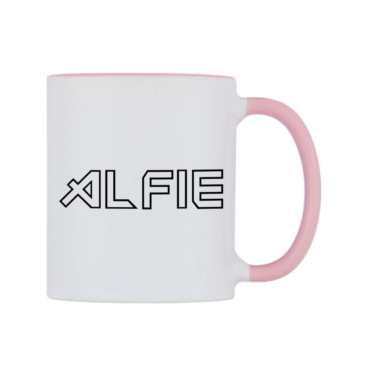 Alfie - Iron Maiden Themed Mug — white 11oz gloss mug with a pink inside and handle, left side, on a white background