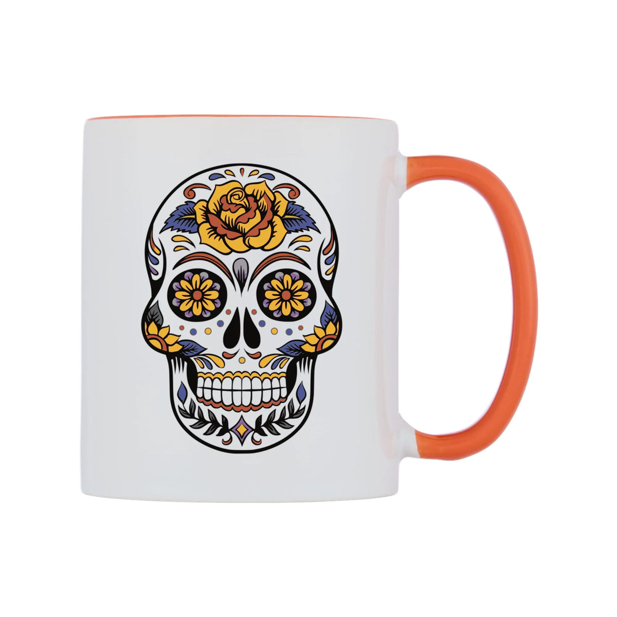 Colour Flower Skull Mug — white 11oz gloss mug with a orange inside and handle, left side, on a white background