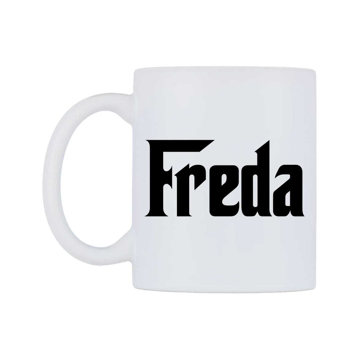 Freda - Godfather Themed Mug — white 11oz gloss mug, right side, on a white background
