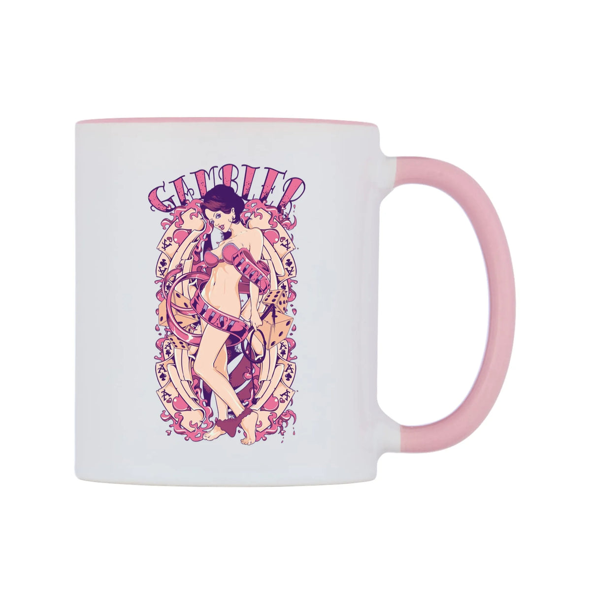 Gambler of Luck and Lust Mug — white 11oz gloss mug with a pink inside and handle, left side, on a white background