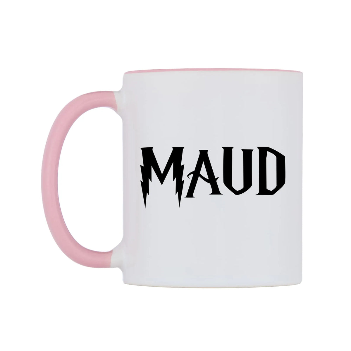 Maud - Wizard Themed Mug — white 11oz gloss mug with a pink inside and handle, right side, on a white background