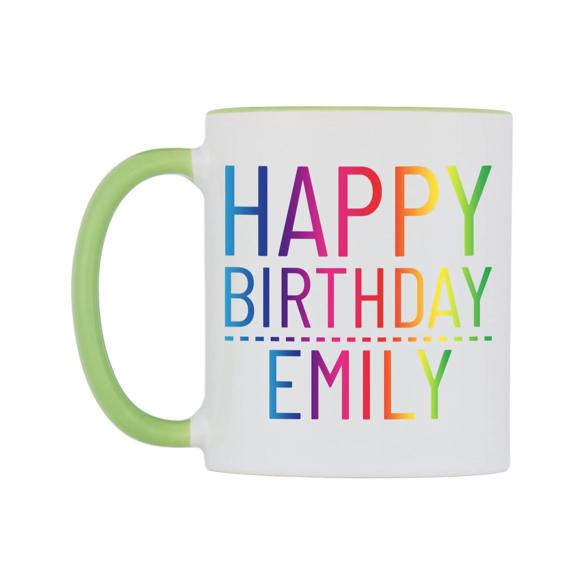 Personalised Happy Birthday (Rainbow) Mug — white 11oz gloss mug with a light green inside and handle, right side, on a white background
