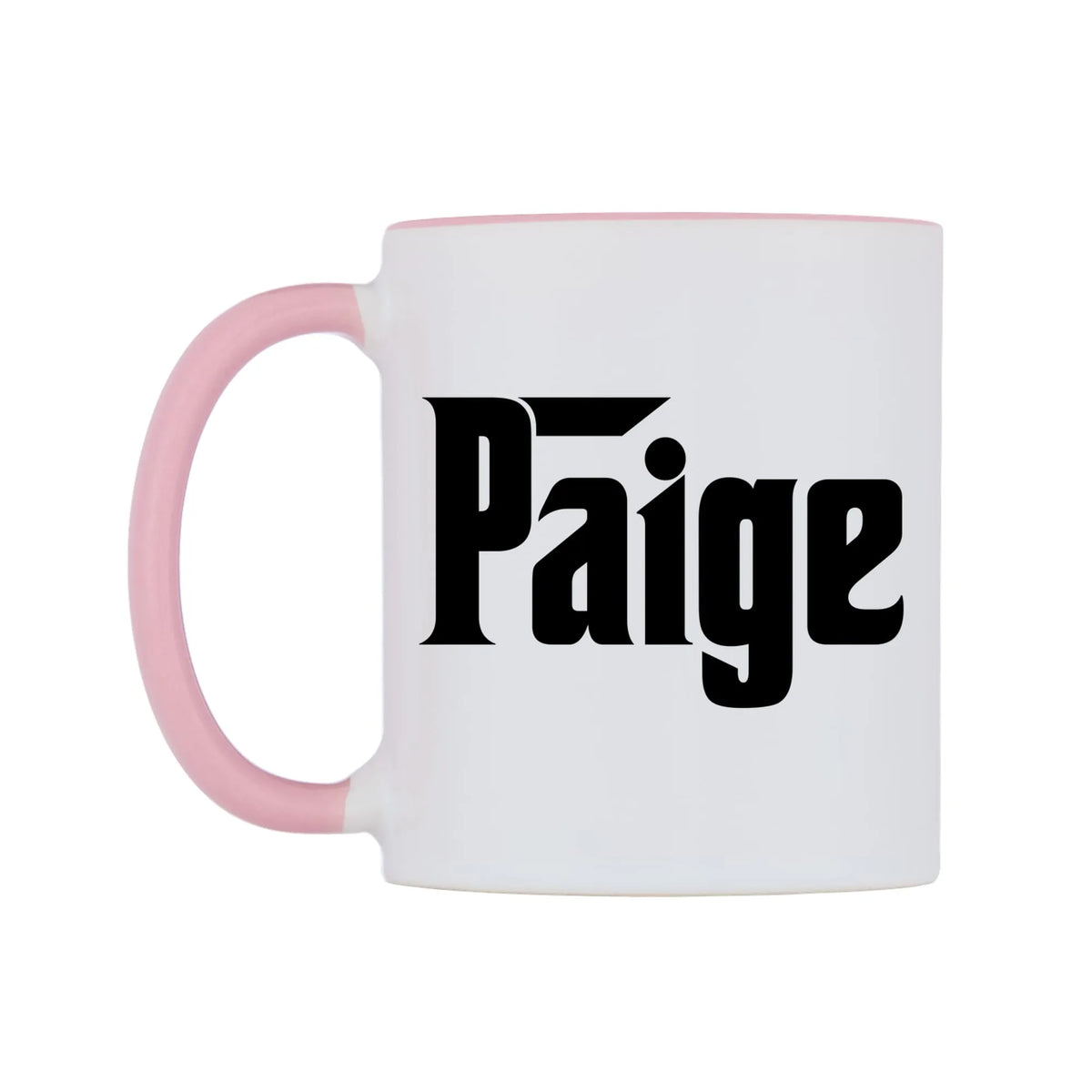 Paige - Godfather Themed Mug — white 11oz gloss mug with a pink inside and handle, right side, on a white background