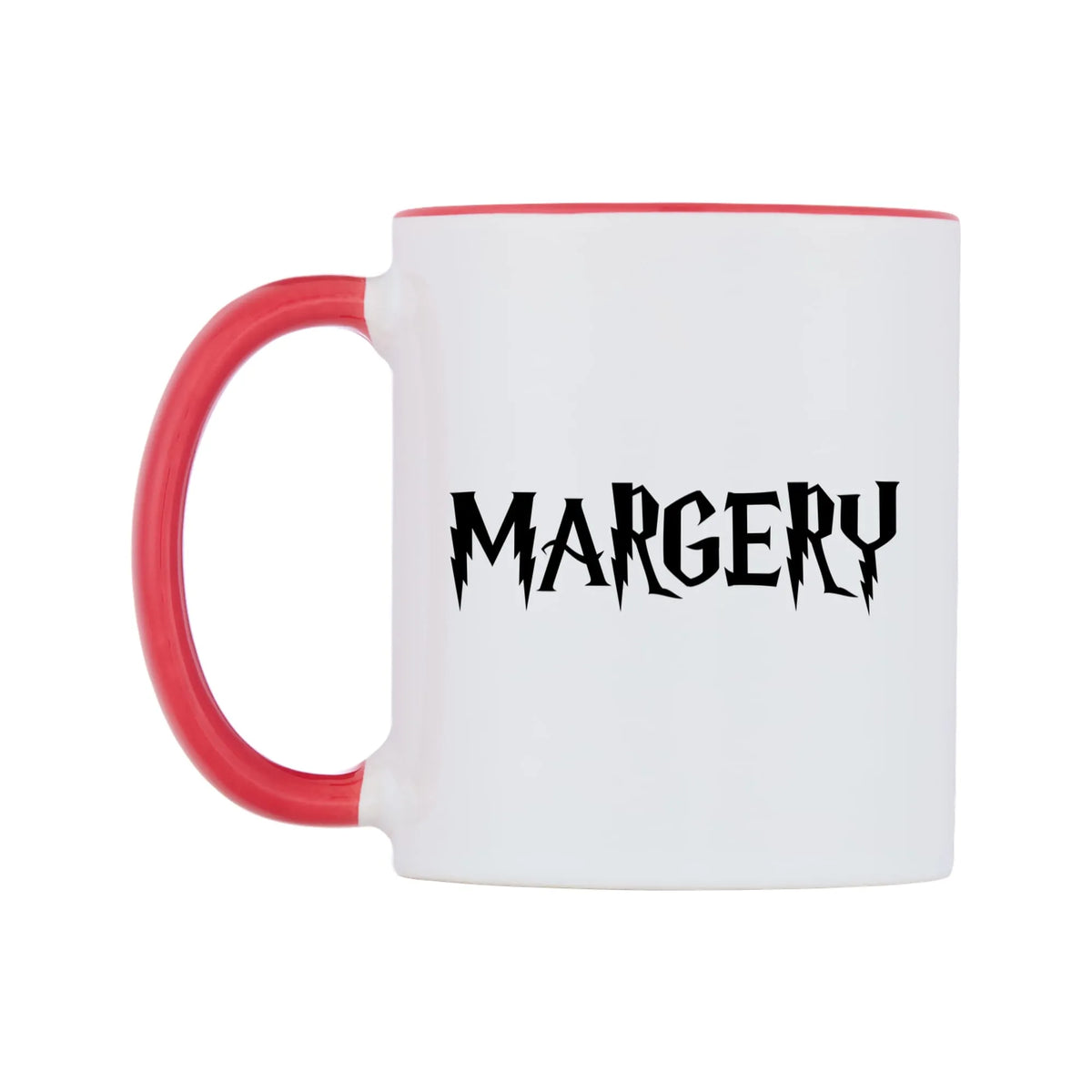 Margery - Wizard Themed Mug — white 11oz gloss mug with a red inside and handle, right side, on a white background