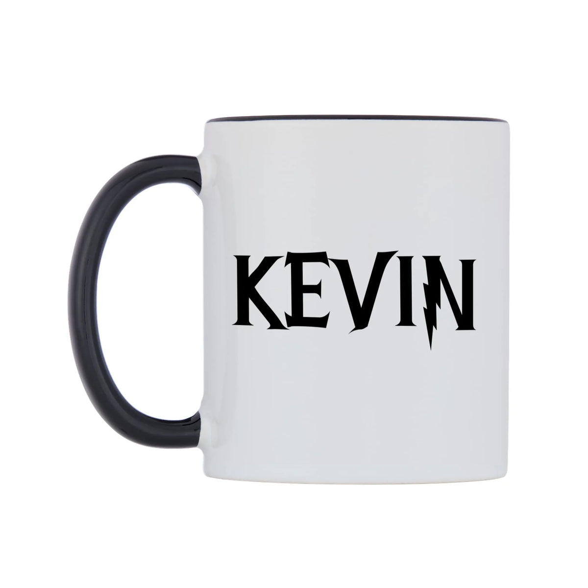 Kevin - Wizard Themed Mug — white 11oz gloss mug with a black inside and handle, right side, on a white background