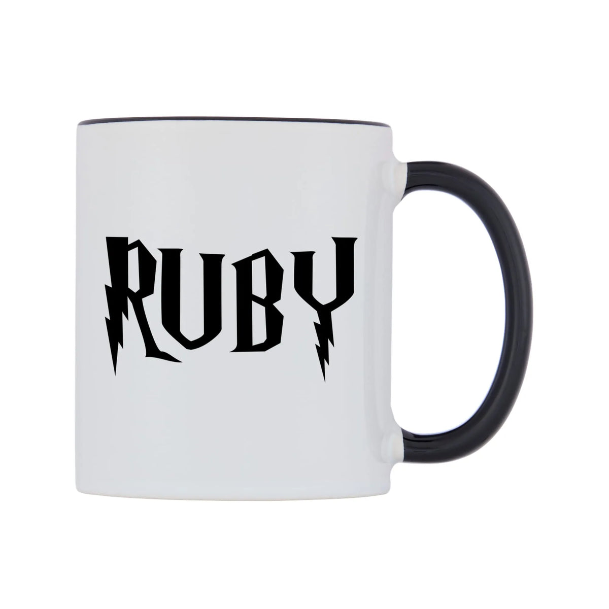 Ruby - Wizard Themed Mug — white 11oz gloss mug with a black inside and handle, left side, on a white background
