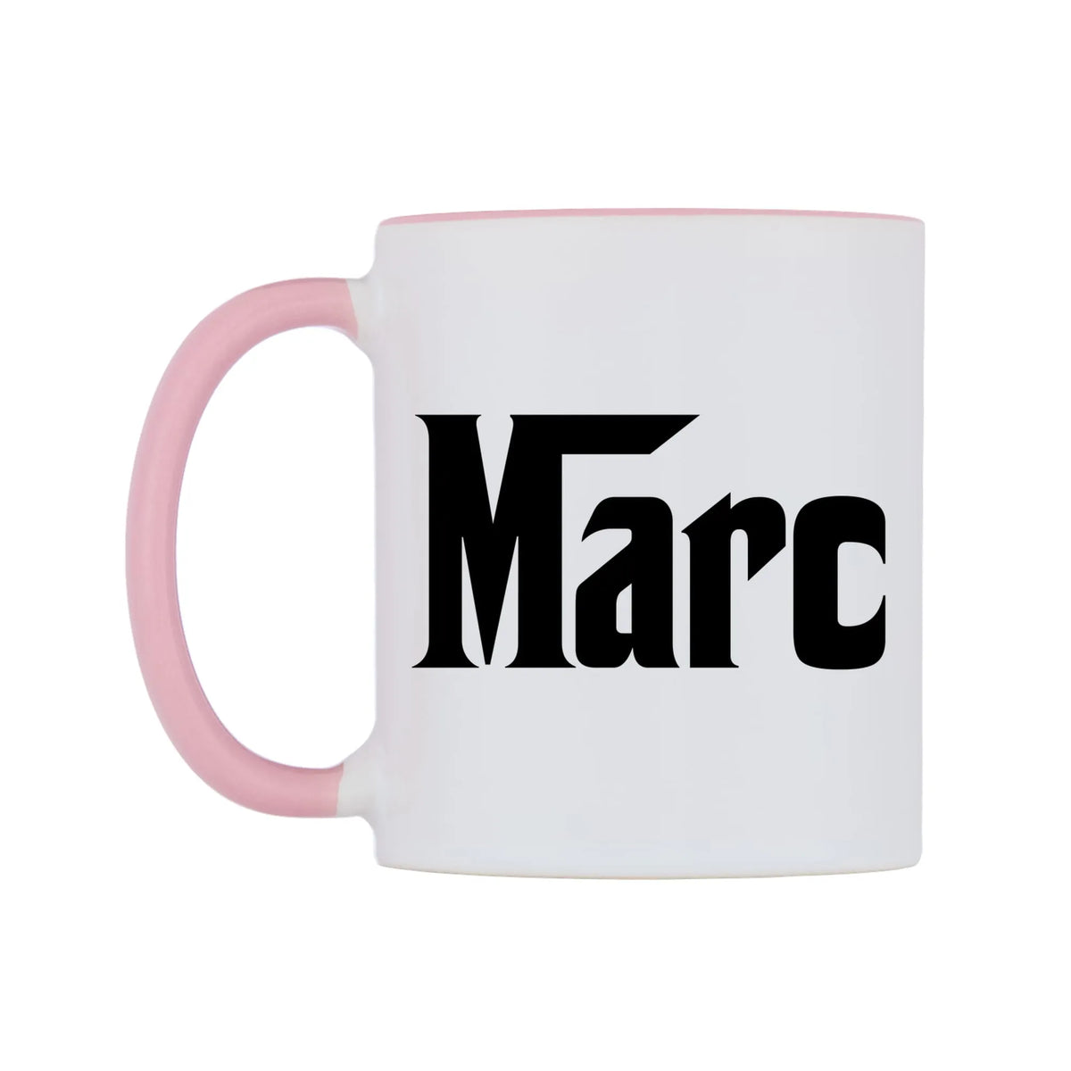 Marc - Godfather Themed Mug — white 11oz gloss mug with a pink inside and handle, right side, on a white background