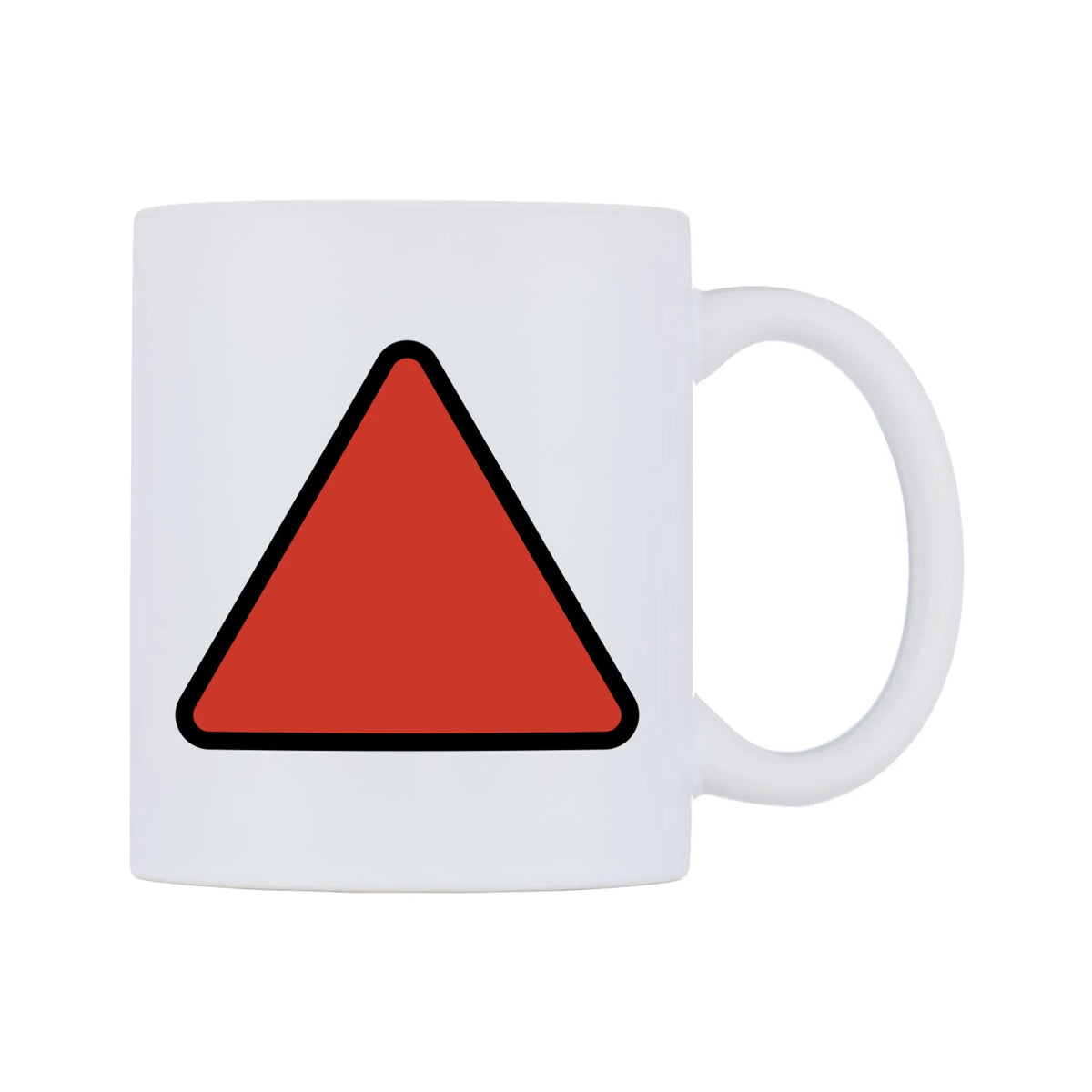 Red Triangle Pointed Up Emoji Mug — mug, left side, on a white background