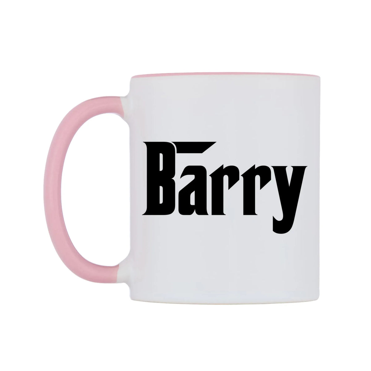 Barry - Godfather Themed Mug — white 11oz gloss mug with a pink inside and handle, right side, on a white background