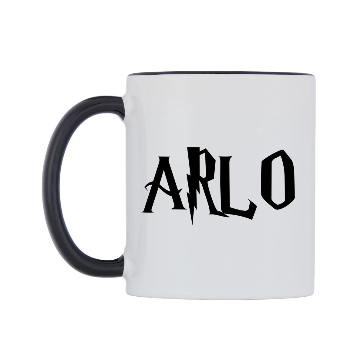 Arlo - Wizard Themed Mug — white 11oz gloss mug with a black inside and handle, right side, on a white background