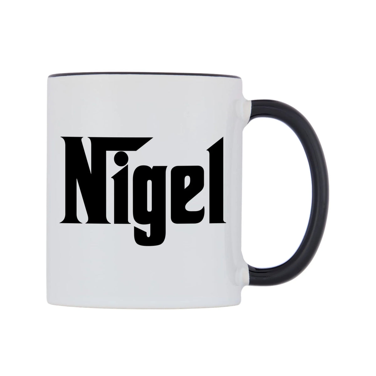 Nigel - Godfather Themed Mug — white 11oz gloss mug with a black inside and handle, left side, on a white background