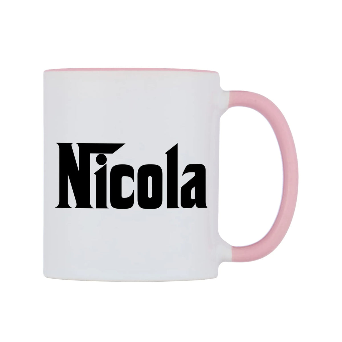 Nicola - Godfather Themed Mug — white 11oz gloss mug with a pink inside and handle, left side, on a white background