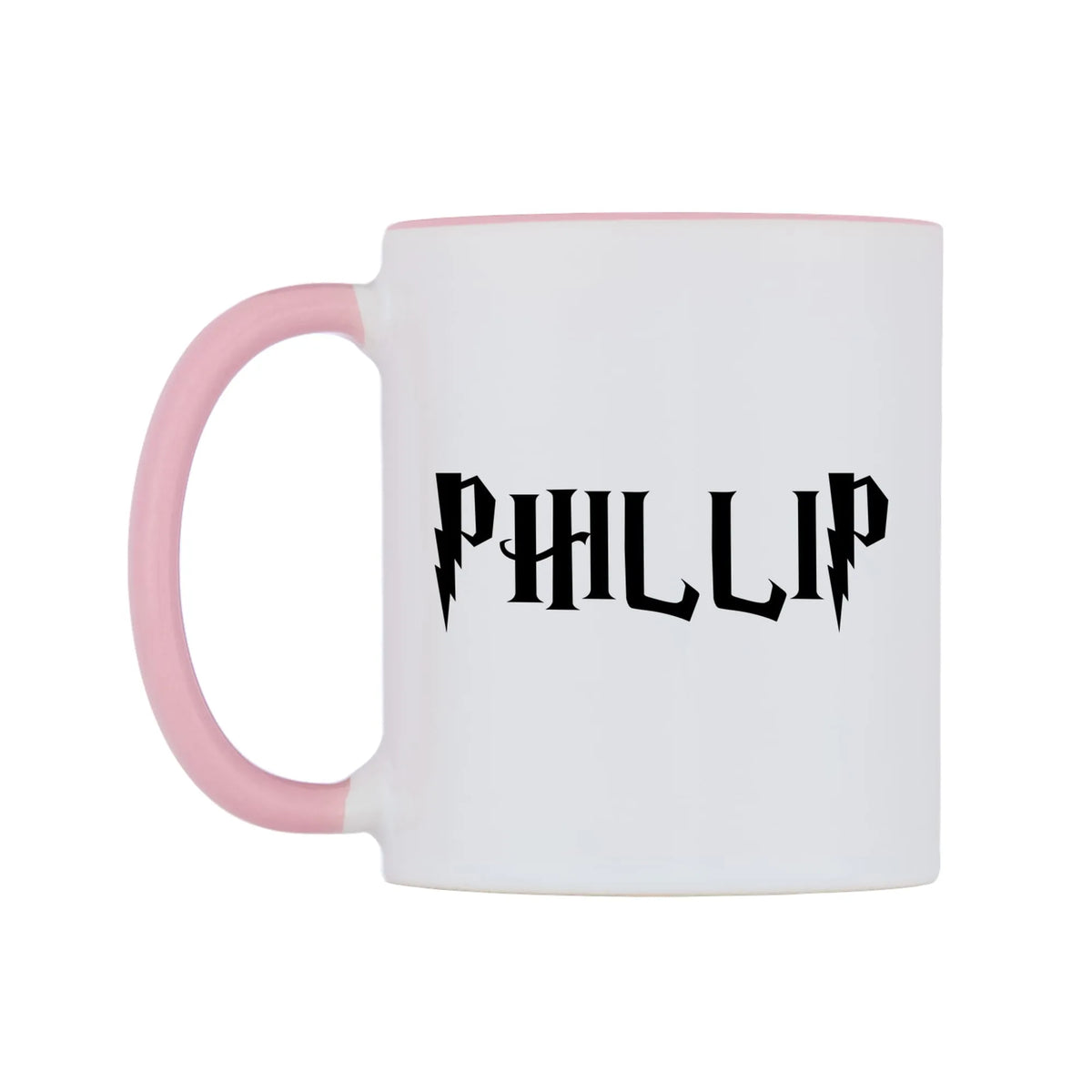 Phillip - Wizard Themed Mug — white 11oz gloss mug with a pink inside and handle, right side, on a white background
