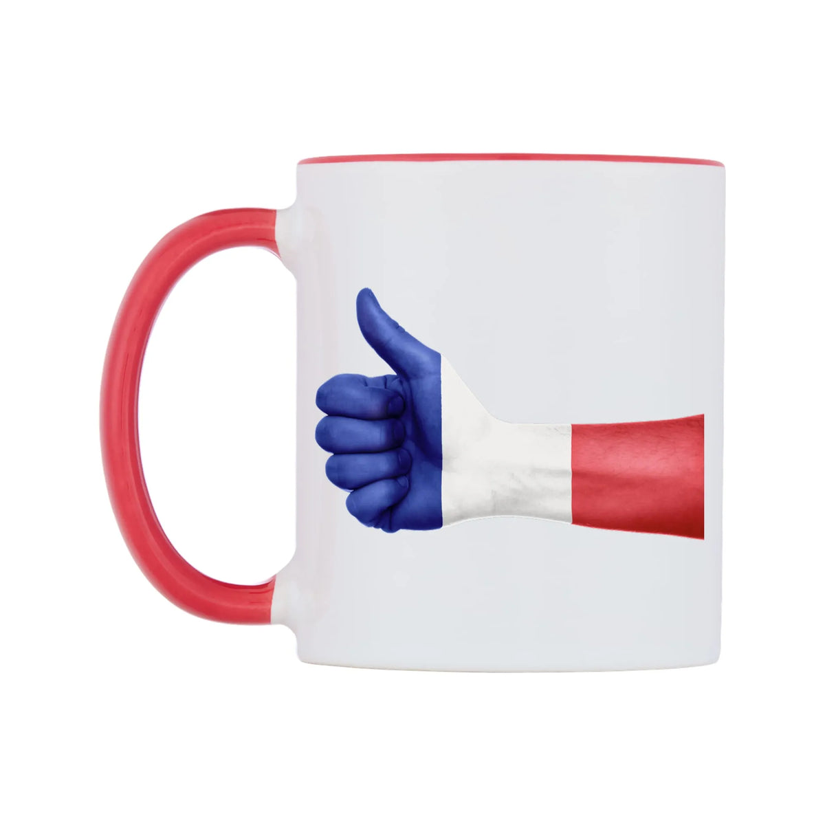 France Thumbs up Flag Mug — white 11oz gloss mug with a red inside and handle, right side, on a white background
