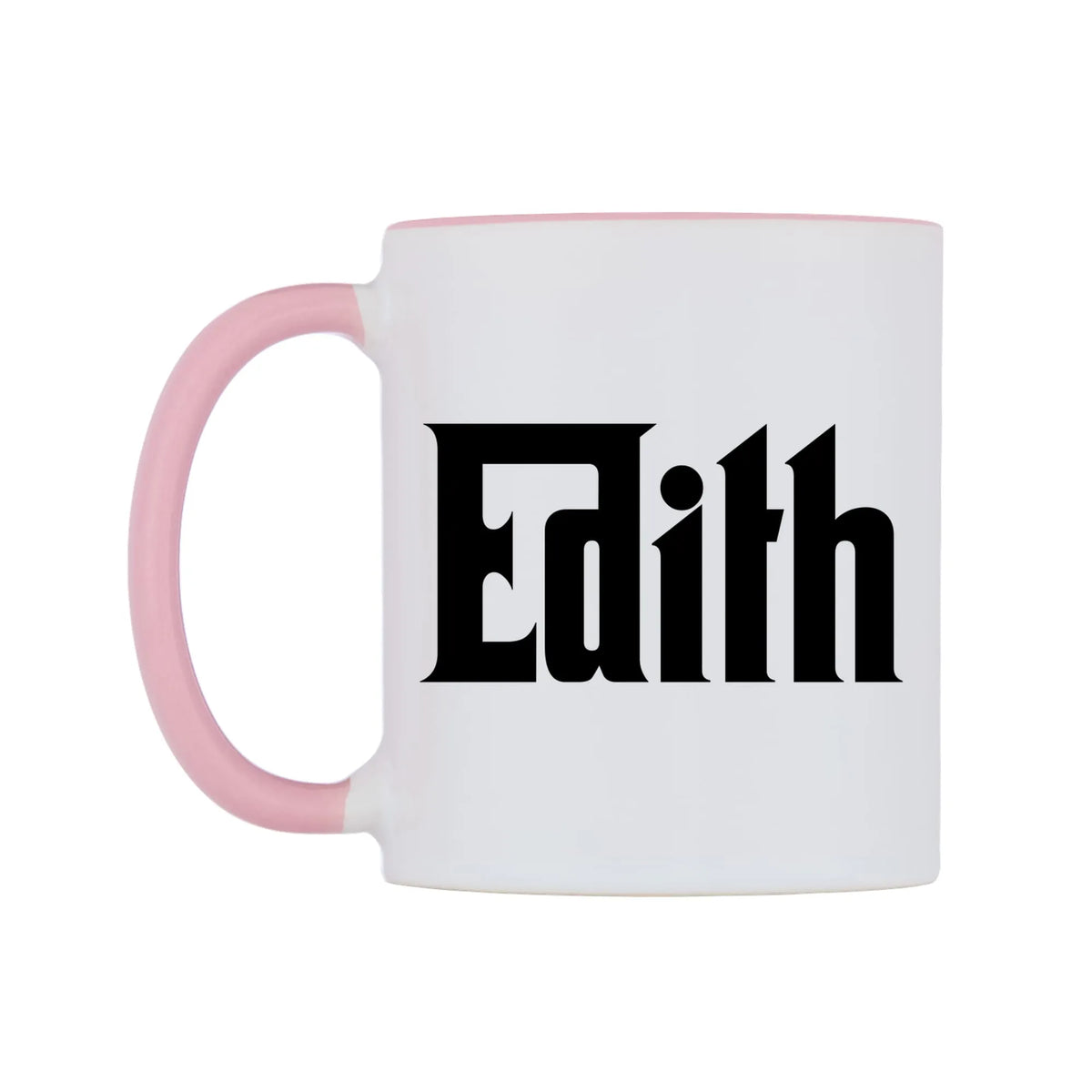 Edith - Godfather Themed Mug — white 11oz gloss mug with a pink inside and handle, right side, on a white background