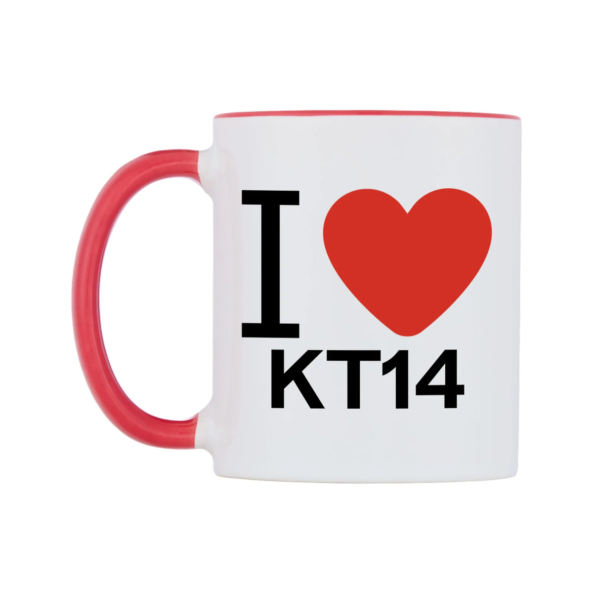 I Love KT14 Mug — white 11oz gloss mug with a red inside and handle, right side, on a white background