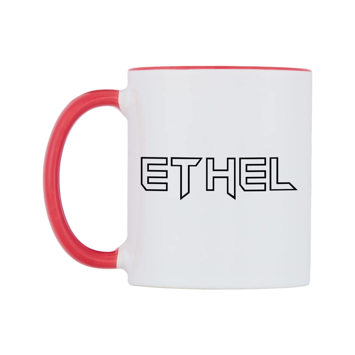 Ethel - Iron Maiden Themed Mug — white 11oz gloss mug with a red inside and handle, right side, on a white background